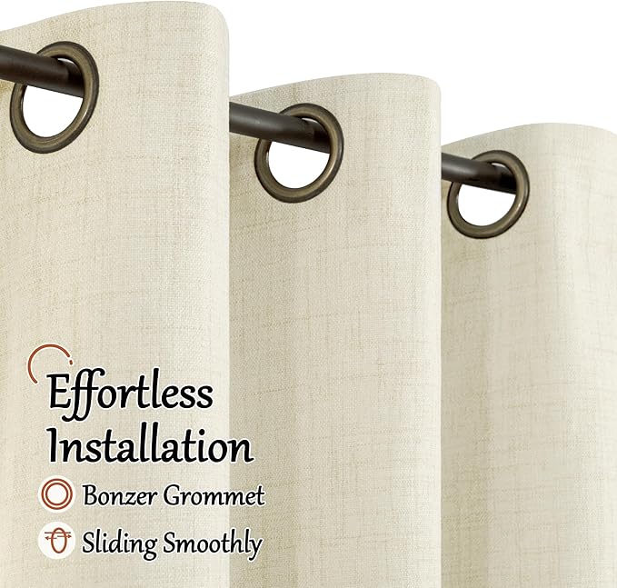 Lajode Cream 100% Blackout Curtains for Living Room 72 Inch Length 2 Panels Set, Thermal Insulated Light Blocking Faux Linen Curtains for Bedroom, Bronze Grommet Boho Window Drape Each 52" Wide