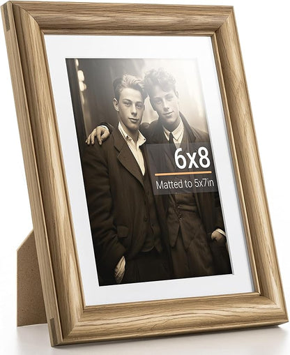 Heimlove 6x8 Picture Frame,6 x 8 Solid White Oak Photo Frame with Tempered Glass,6"x8" Handcrafted Wood Frame Matted to 5x7 Photos for Wall or Tabletop Family picture Display,1 Pack