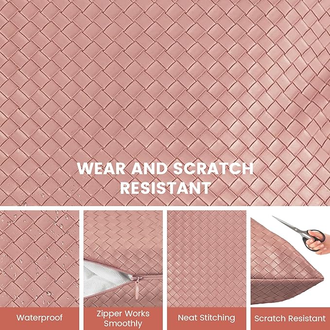 Faux Leather Throw Pillow Cover 18X18 Inch Set of 2 Woven Pink Outdoor Modern Farmhouse Solid Decorative Pillow Covers for Room Couch Living Bedroom Bed Sofa