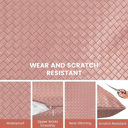 Faux Leather Throw Pillow Cover 18X18 Inch Set of 2 Woven Pink Outdoor Modern Farmhouse Solid Decorative Pillow Covers for Room Couch Living Bedroom Bed Sofa