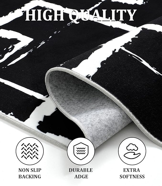 YIHOUSE Black Modern Geometric Area Rug 6x9, Black and White Rug with Abstract Rectangular Patterns,Non-Shedding Washable Rugs for Bedroom, Home Office and Living Room