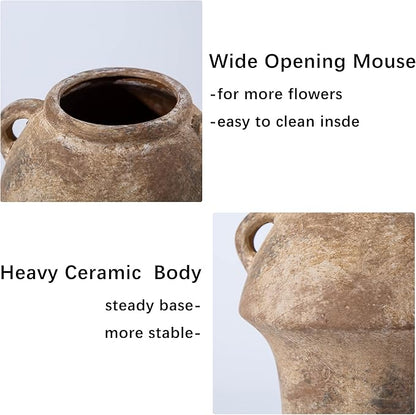 Rustice Vase for Flowers, 7in Decorative Farmhouse Vases for Pampas Grass, Vintage vase for Centerpieces, Terracotta Wide Open Vases with Handle, Unique Ceramic Vase by Lyeec