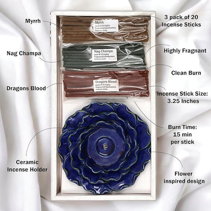 Hosley Incense Sticks Gift Set with Includes 60 Incense Sticks & Ceramic Holder - Perfect Bathroom Set for Home, Weddings, Meditation, Spa, Bathroom Use