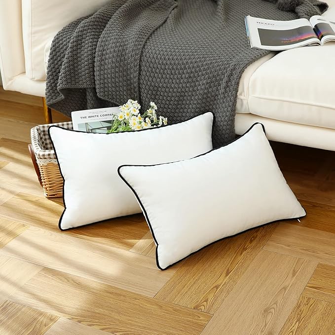 LIGICKY Set of 2 White Velvet Lumbar Pillow Covers Modern Minimalist Style Solid Decorative Black Rope Edging Soft Rectangle Cushion Cases for Sofa Bedroom Party Décor, 12 x 24 inch