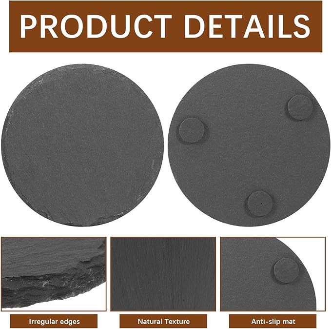 24 PCS Black Natural Slate Coasters Bulk Set 4 Inch Laser Engraving Blanks with Anti Scratch Bottoms for Home, Office, Bar, Gifts Round (24 Round Coasters)
