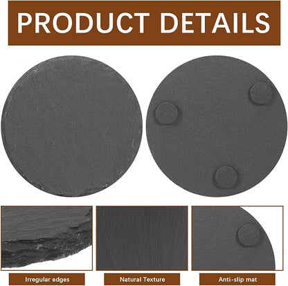 12 PCS Black Natural Slate Coasters Bulk Set 4 Inch Laser Engraving Blanks with Anti Scratch Bottoms for Home, Office, Bar, Gifts Round