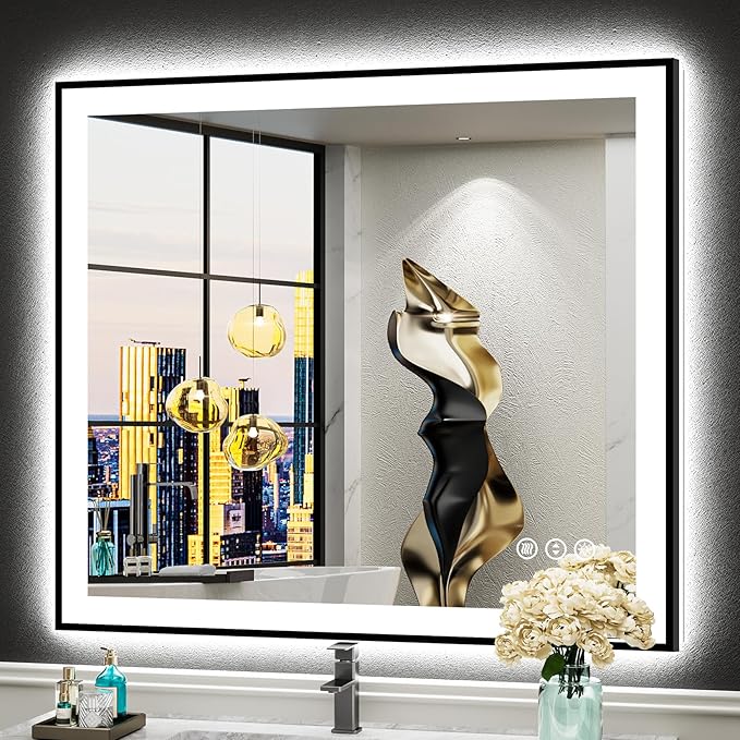 32x36 Black Framed LED Bathroom Mirror with Lights, Backlit & Front Lit, Anti-Fog Lighted Vanity Mirror for Bathroom Wall, 3 Colors, Dimmable, Memory, HD Tempered Glass, Horizontal/Vertical