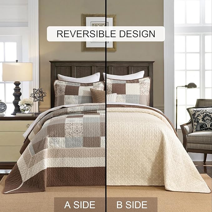 SahSahCasa 100% Cotton 120"x120" Oversized California King Bedspread Coverlet Quilt Set, Cal King Plaid Paisley Floral Extra Large Reversible XL Bed Spread Lightweight Comforter, Brown/Beige/Gray