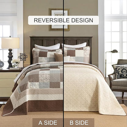 SahSahCasa 100% Cotton 120"x120" Oversized California King Bedspread Coverlet Quilt Set, Cal King Plaid Paisley Floral Extra Large Reversible XL Bed Spread Lightweight Comforter, Brown/Beige/Gray