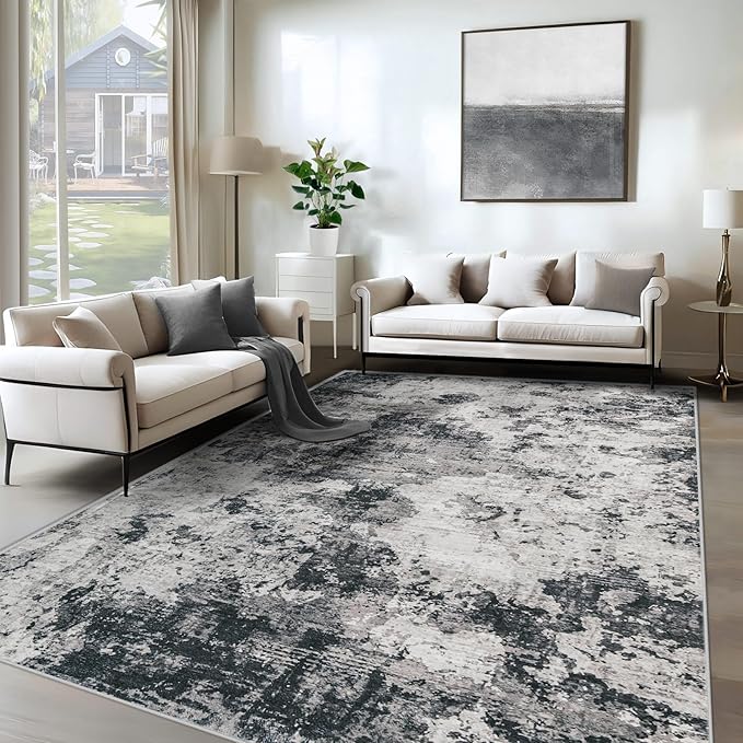 6x9 Area Rugs for Living Room, Washable Modern Abstract Large Area Rug Neutral Soft Non Slip Kids Rug Stain Resistant Indoor Carpet for Bedroom Nursery Dining Room Playroom Home Office(Black, 6'x9')