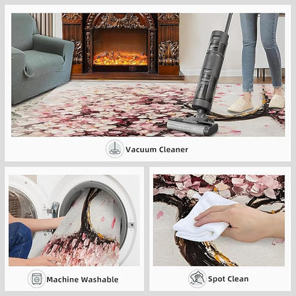 Graffiti Tree Washable Rugs 4x6 Rug for Living Room, Pink Petals 4x6 Rug Oil Painting Art Low-Pile Carpet for Bedroom Dining Non Slip Mat with Rubber Back