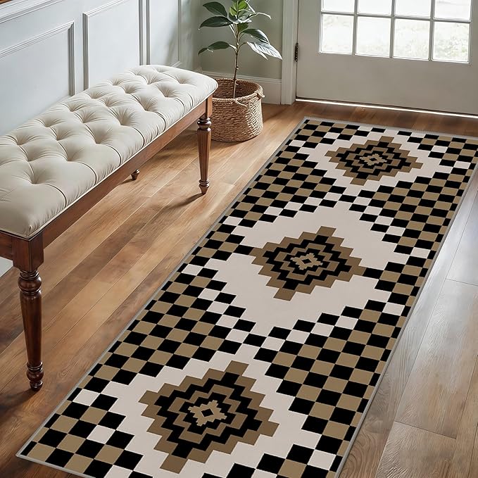 Retro Moroccan Farmhouse Decor Rug Runners for Hallways, 3.3x10ft, Black Linen Checkered Entryway Carpet, Rubber Backed Low Pile Easy Clean Carpets, Durable Reduce Noise Rugs for Floor
