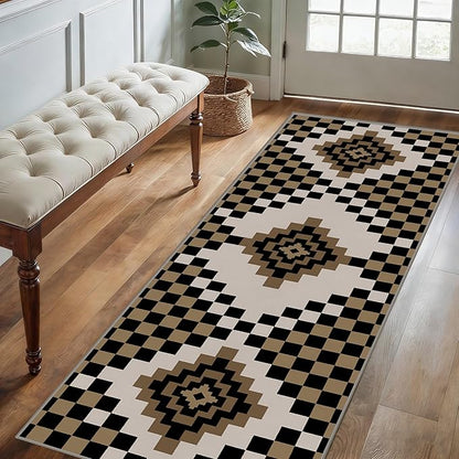 Retro Moroccan Farmhouse Decor Rug Runners for Hallways, 3.3x10ft, Black Linen Checkered Entryway Carpet, Rubber Backed Low Pile Easy Clean Carpets, Durable Reduce Noise Rugs for Floor