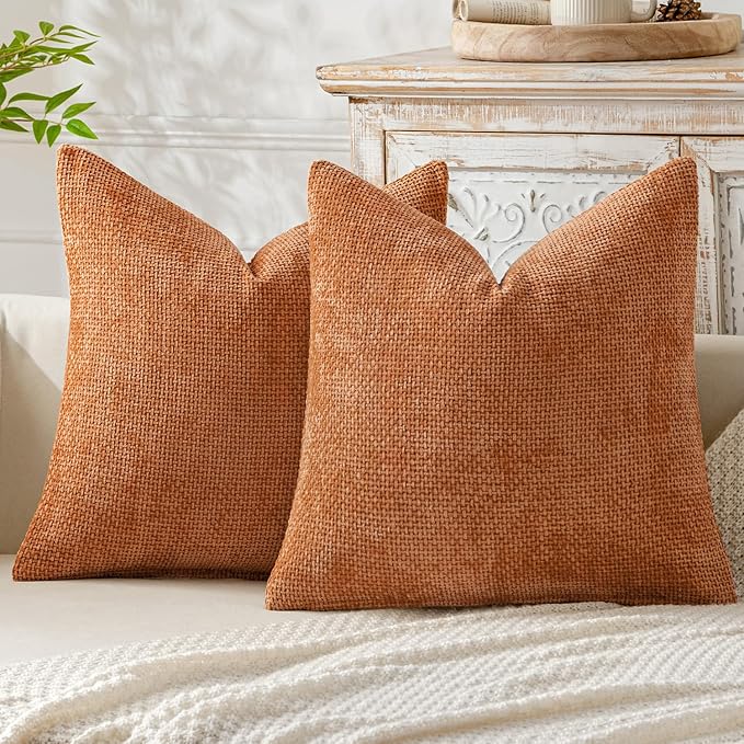 MIULEE Pack of 2 Fall Orange Decorative Pillow Covers 18x18 Inch Soft Chenille Couch Throw Pillows Farmhouse Cushion Covers for Home Decor Sofa Bedroom Living Room