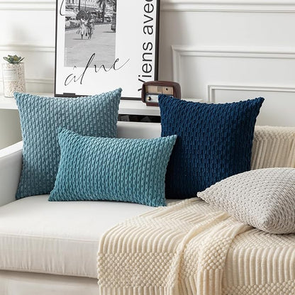 Kevin Textile Throw Pillow Covers Soft Corduroy Decorative Set of 2 Boho Striped Pillow Covers Pillowcases Farmhouse Home Decor for Couch Bed Sofa Living Room 24x24 Inch Blue Grey