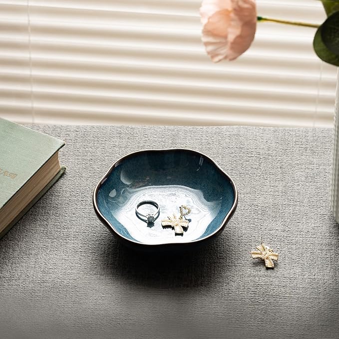 Floral Ceramic Ring Dish Elegant Jewelry Gift for Women Ceramic Trinket Tray Ring Holder Necklace Organizer for Mom Best Friend Sister (blue)