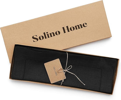 Solino Home Linen Placemats Set of 4 - Classic Hemstitch Black Placemats 14 x 19 Inch - 100% Pure Linen Table Mats for Winter, Holiday, New Year