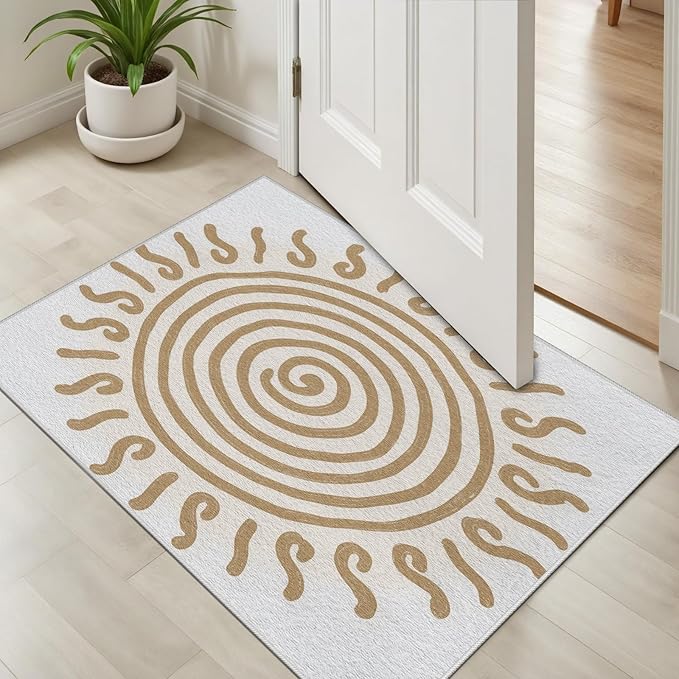 Boho Washable Rugs for Bedroom 4x6, Modern Sun Print Soft Minimalism Area Rug, Non Slip Low Pile Abstract Carpet for Classroom Living Room Decor Dining Room, Beige Yellow