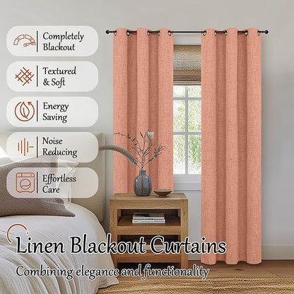 Lajode Linen Blackout Curtains 80 Inch Long for Living Room Narrow Window, 38 Inch Wide Thermal Insulated Complete Light Blocking Soundproof Small Curtains for Bedroom, 38x80 Inch 2 Panels, Terracotta