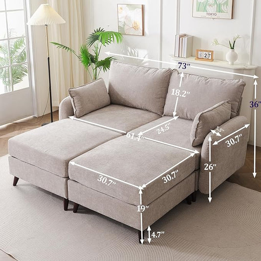 73'' Loveseat Sofa with Seats Storage, Modular Sectional Couch with 2 Movable Ottoman,Oversized Comfy Love Seat with Deep Seat,7.8'' Cushion,Couch for Living Room,Bedroom,Chenille,Khaki
