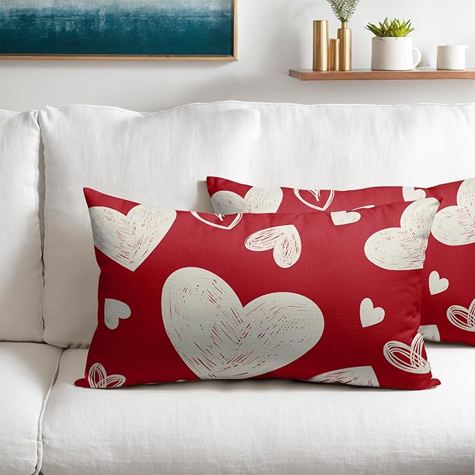 Valentines Day Pillow Covers 12x20 Set of 2 Red Love Print Decorative Outdoor Heart Throw Pillow Cases Rustic Holiday Decoration Farmhouse Sofa Couch Cushion Cover Bed Decor