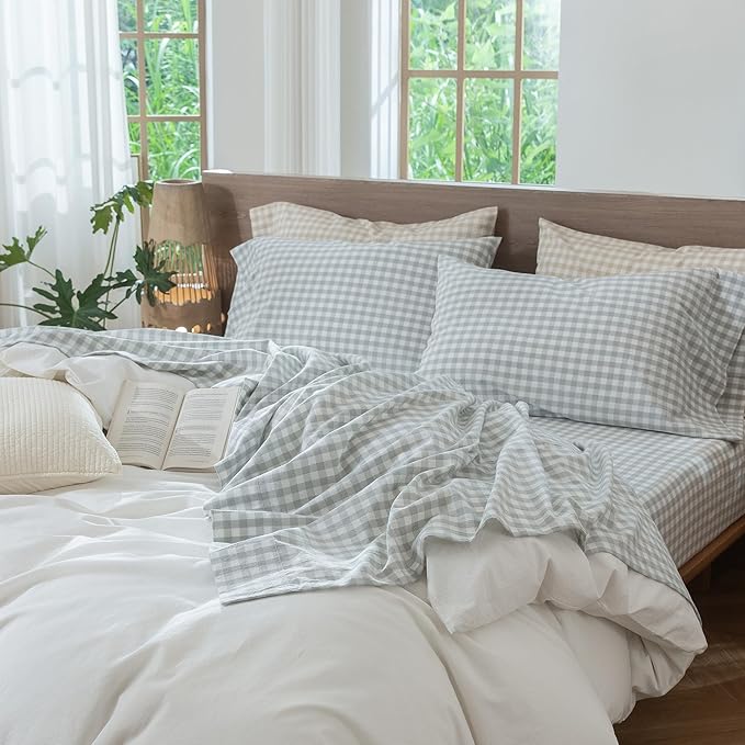 MooMee Gingham Sheet Set 100% Washed Cotton Linen Like Textured Breathable Soft w/Fully Elasticized 16-19" Deep Pocket (Classic Gingham Northern Droplet Grey, King)