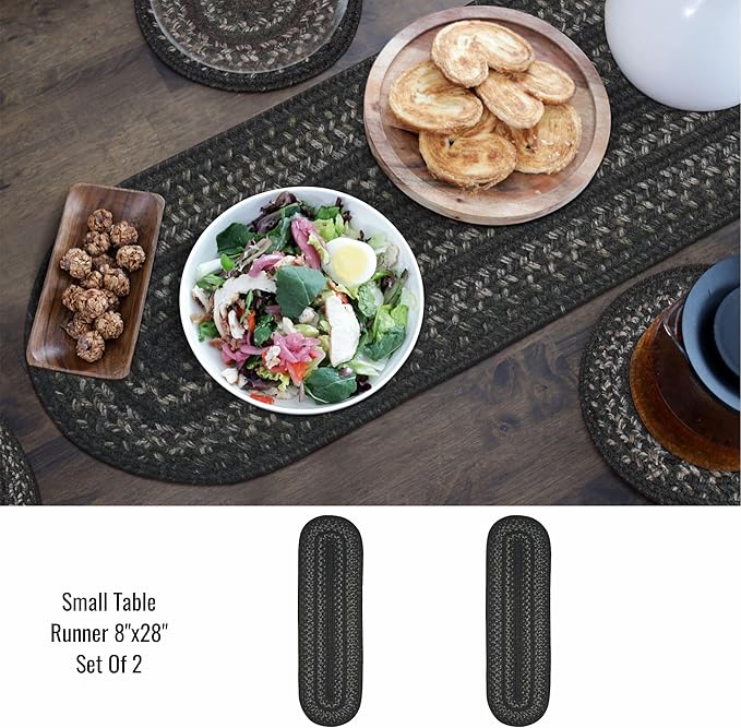 Homespice Jet Black Jute Braided Table Runner, Warm Primitive Decor, Set of 2, Oval 8x28 - Rich Colors, Easy to Clean, Durable and Protects Furniture