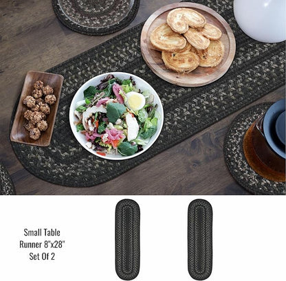 Homespice Jet Black Jute Braided Table Runner, Warm Primitive Decor, Set of 2, Oval 8x28 - Rich Colors, Easy to Clean, Durable and Protects Furniture