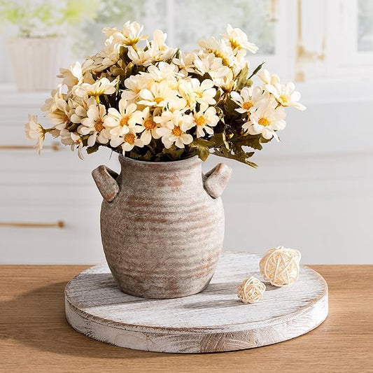 Ceramic Flower Vase Home Decor - Farmhouse Table Vases with Handle Living Room Decoration Vintage Decorative Aesthetic for Shelf Coffee Dining Desk House Bookshelf Fireplace (6" Rustic)