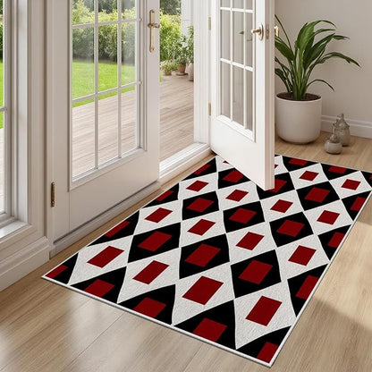 Plaid Rug 8x10, Vintage Geometric Soft Ultra Soft Faux Wool Low Pile Rug, Indoor Floor Mats Carpet, Non-Slip Stain Resistant Washable Rugs, Modern Red Rugs for Living Room Home Office Decor