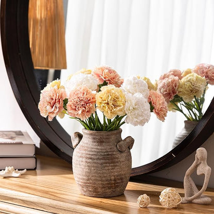 Ceramic Flower Vase Home Decor - Farmhouse Table Vases with Handle Living Room Decoration Vintage Decorative Aesthetic for Shelf Coffee Dining Desk House Bookshelf Fireplace (6" Rustic)
