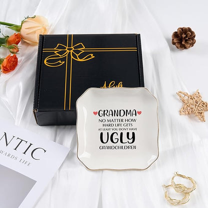 Grandma Gifts Jewelry Dish Ring Tray, Grandmother Birthday Gifts for Grandma Christmas Valentines Mother's Day Gift from Grandkids-No Matter How Hard Life...You Don't Have Ugly Grandchildren