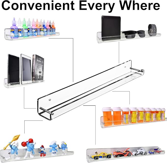 AMT 6 Pack Acrylic Floating Shelves, 15" L x 1.8" W, Clear Bathroom Wall Shelf, Bookshelves, Invisible Display for Office, Bedroom, Small Gap Allows Water to Escape, Free Screws & Drill Bit (Small)