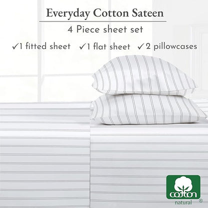 California Design Den Full Sheet Set Stripe, 100% Cotton, Deep Pocket Full Sheets & Pillowcase Set, Soft Sateen Weave - Classic Stripe