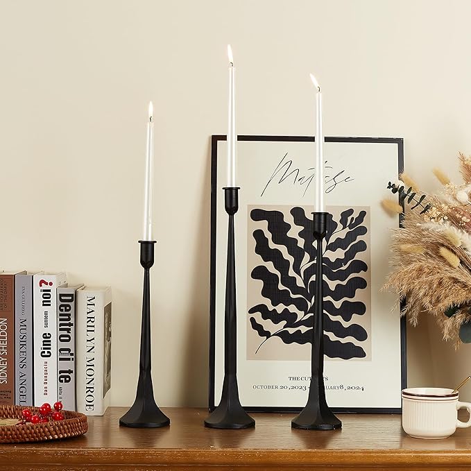 Iron Taper Candle Holder Set of 3 15.5” 14” 12” Decorative Modern Vintage Metal Tall Candlestick Holders for Wedding, Dinning Table,Mantle, Party Decoration (3, Black)