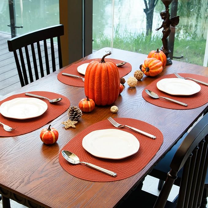 Noctiflorous Oval Braided Placemats Set of 4 Woven 12x18 Inch Non Slip Washable Heat Resistant Place Mats Round Tablemats for Dining Kitchen Party Daily Table Decor Dinner Mats (Solid Rust Orange, 4)
