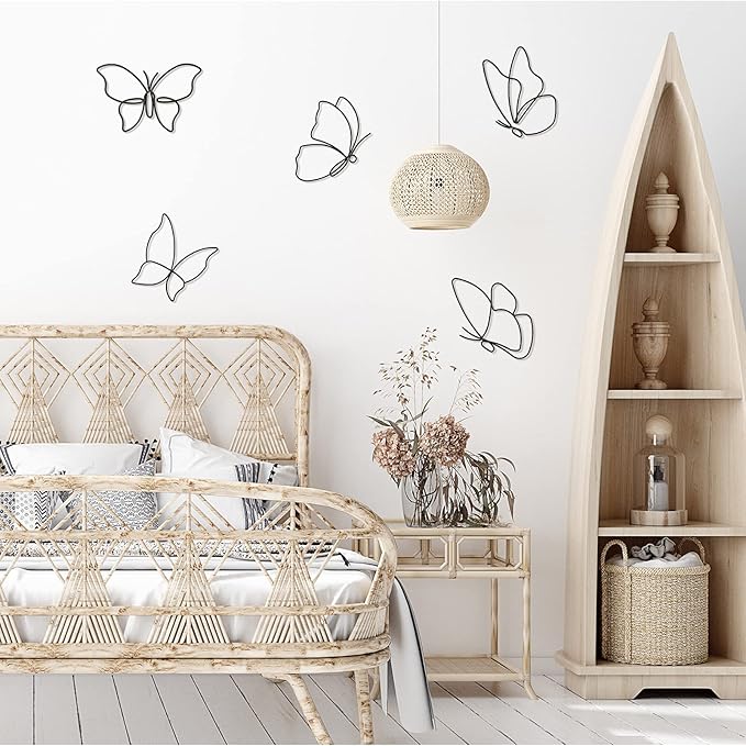 Hotop 6 Pieces Metal Butterfly Wall Decor Metal Wall Art Heart Hanging Decorations Wire Flowers Decals Decor for Kitchen Bathroom Indoor Outdoor Wedding Birthday Party (Classic,Black)