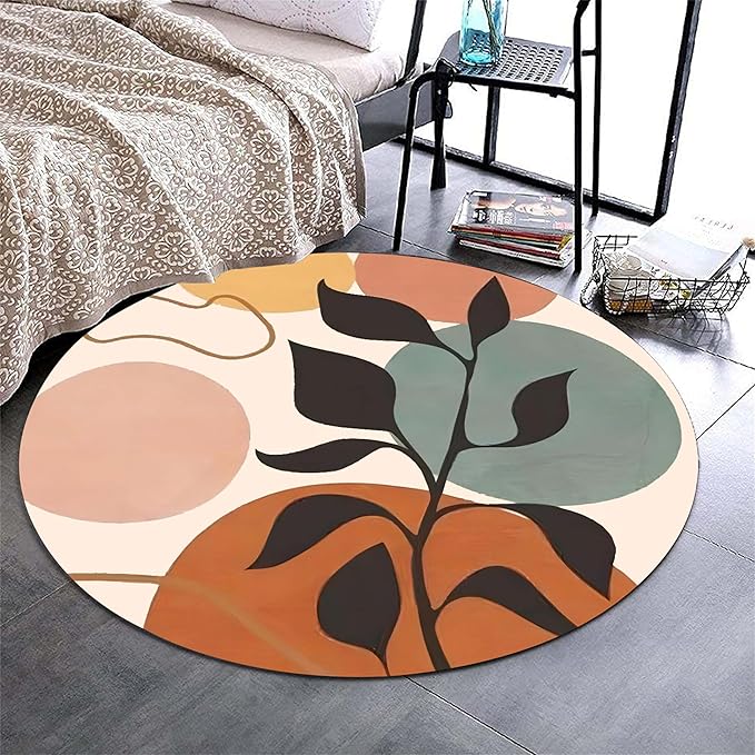Mid-Century Round Area Rug, 5ft, Leafy Plant Simple Rug, Soft Non-Slip Machine Washable Round Rug, Bohemian Round Bath Mat, Suitable for Living Room Bedroom Bedside Bathroom Entrance
