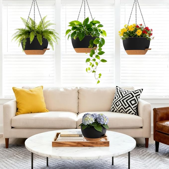 Set of 3-10 Inch Self Watering Hanging Planters for Indoor & Outdoor，Hanging Plant Pots with Drainage & Removable Tray, Hanging Pots Holder for Ivy, Pothos, Ferns, Balcony & Patio, Black with Brown