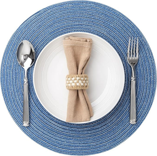 Round Placemats Set of 6 Woven Placemats Washable Braided Table Mats for Dining Table Heat Resistant Non-Slip Circle Place Mats(Mid Blue)