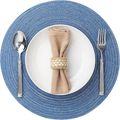 Round Placemats Set of 12 Woven Placemats Washable Braided Table Mats for Dining Table Heat Resistant Non-Slip Circle Place Mats(Mid Blue)