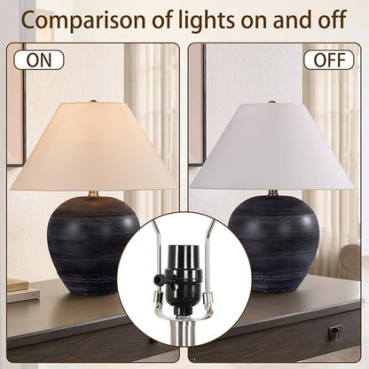 Pia Ricco 21'' Medium Size Black Glossy Ceramic Base Ceramic Basin Table Lamp for Bedroom, Living Room, Dining Room, Office, White Shade,White Striped Black Base