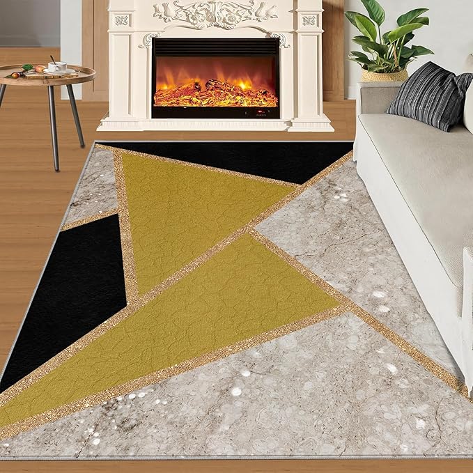 Geometric Marble Area Rugs for Living Room Black Gold Marble Rug Triangular Geometric Carpet Modern Minimalist Door Mat for Bedroom Hardwood Floors 7x8ft