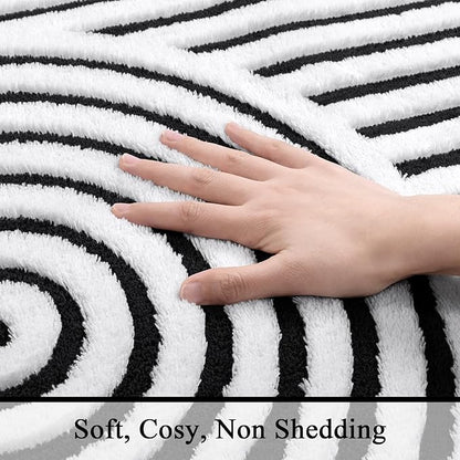 SHACOS Soft Cozy Fluffy Arch Pattern High Low Pile Runner Rugs 2'x6' Non Slip Washable Rug Runners Modern Geometric Arc Carpet for Bedroom Bathroom Hallway, Black White