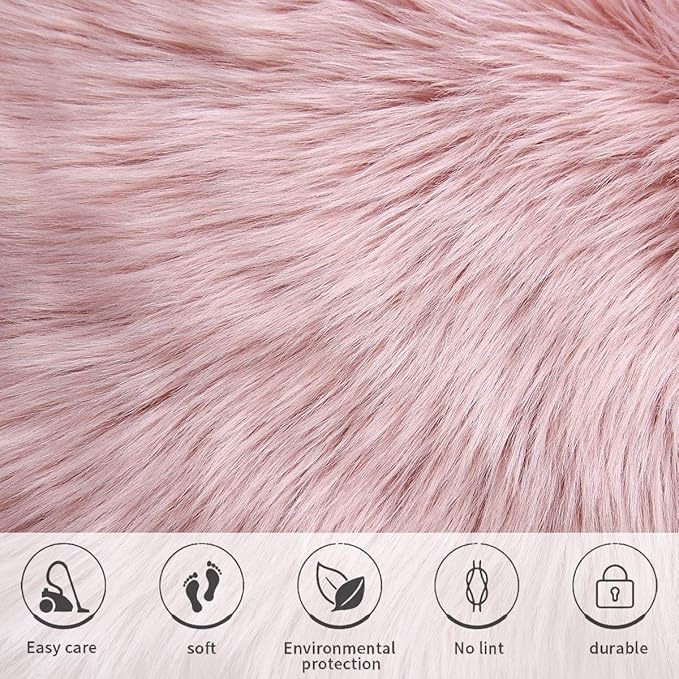 Softlife Pink Faux Fur Sheepskin Chair Cover Seat Cushion Pad Super Soft Area Rugs for Living Bedroom Sofa Dorm (1.6ft x 1.6ft)