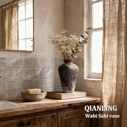 Wabi Sabi Decor Rusty Vintage Vase - 8.7" Tall Rustic Farmhouse Wabi Sabi Vase for Centerpiece, Pottery Stone Flower Vases for Home Decor, Table, Living Room, Bedroom, Bathroom, Kitchen (Smoky Earth)