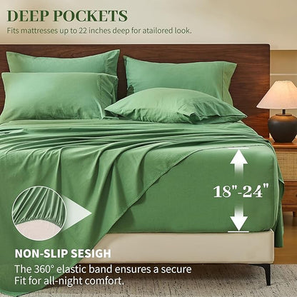 MEISHANG 100% French Pure Linen Sheets California King Size - Extra Deep Pocket Sheet Set, Soft Durable Flax Linen, Anti-Tear Breathable & Oeko-Tex Certified 18-24 Deep Pocket,All Season(Sage Green)
