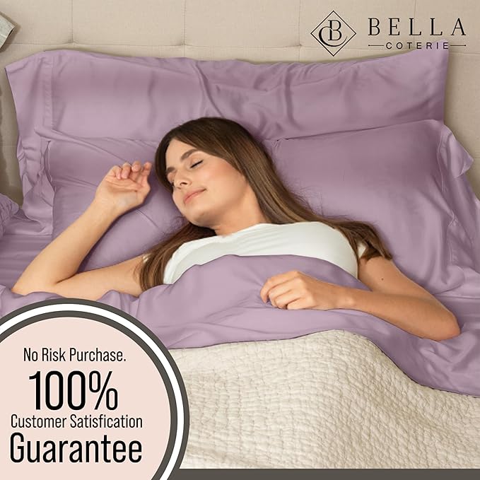 Bella Coterie 7 Piece Luxury Bamboo Viscose Split King Size Sheet Set | 2 Fitted Sheets for Adjustable Beds | 100% Organically Grown | Cooling for Hot Sleepers | 4 Pillowcases [Lilac]
