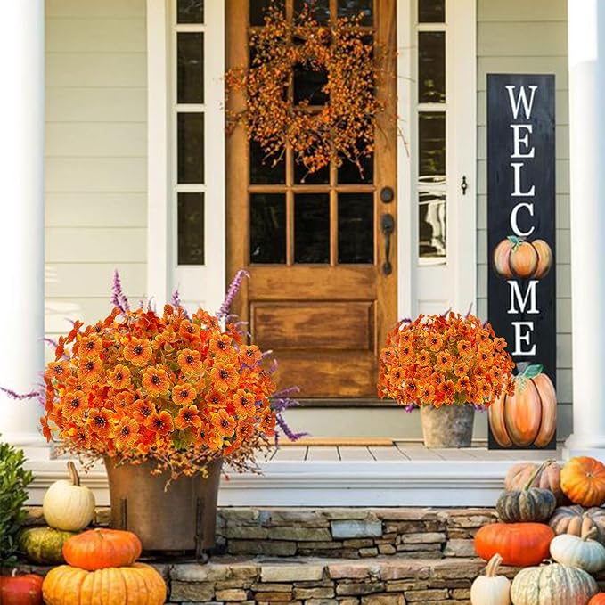 Artificial Fall Flowers for Outdoors,Faux Silk Flowers Fall Decorations,Fake Mums Eucalyptus Plants Christmas Halloween Decor for Outdoor Patio,Window Planter Autumn Fall Decor(10PCS,Orange)