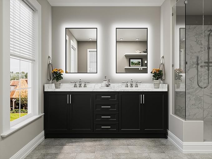 TETOTE 24 x 36 Backlit Bathroom Mirror Brushed Black Metal Frame LED Light Vanity 3-Color White/Warm/Natural Stepless Dimmable Anti-Fog Backlight Mirror Wall-Mounted
